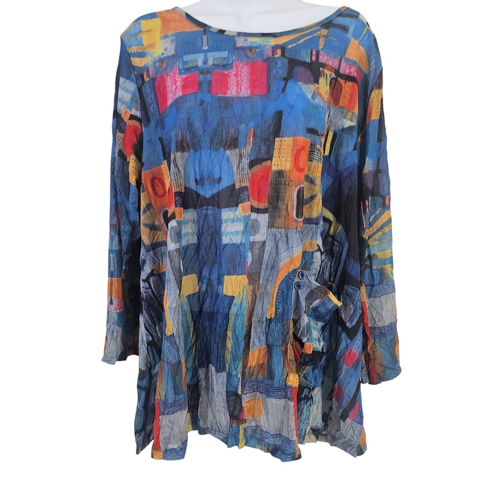 Shana Abstract Print Crinkle Gauze Sheer Tunic Top Shirt Blue Multicolor Art L/G